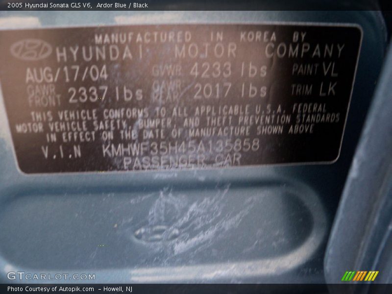 Ardor Blue / Black 2005 Hyundai Sonata GLS V6