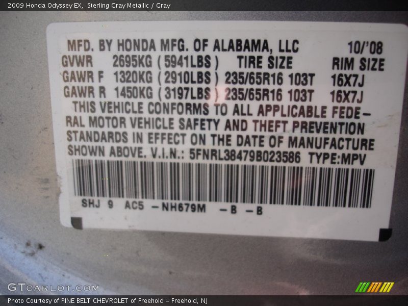 Sterling Gray Metallic / Gray 2009 Honda Odyssey EX