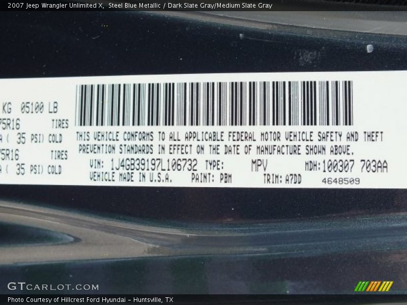 2007 Wrangler Unlimited X Steel Blue Metallic Color Code PBM