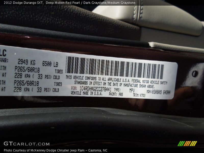 2012 Durango SXT Deep Molten Red Pearl Color Code PR8