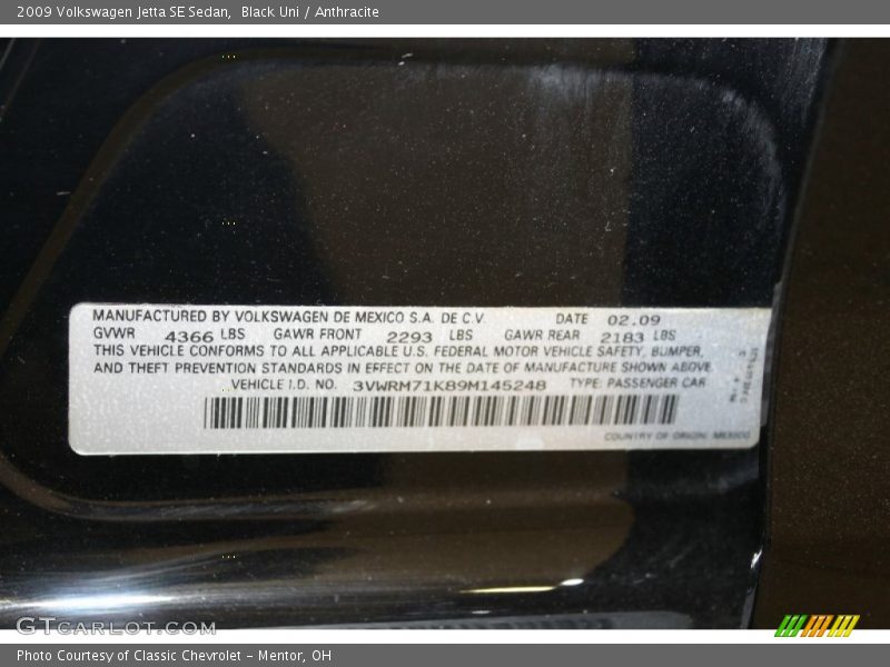 Black Uni / Anthracite 2009 Volkswagen Jetta SE Sedan