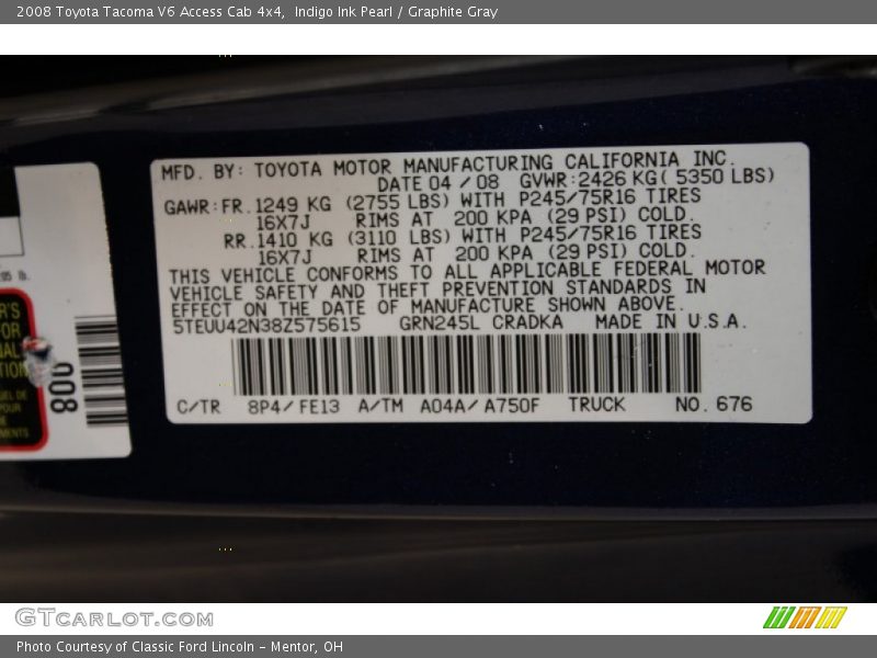 2008 Tacoma V6 Access Cab 4x4 Indigo Ink Pearl Color Code 8P4