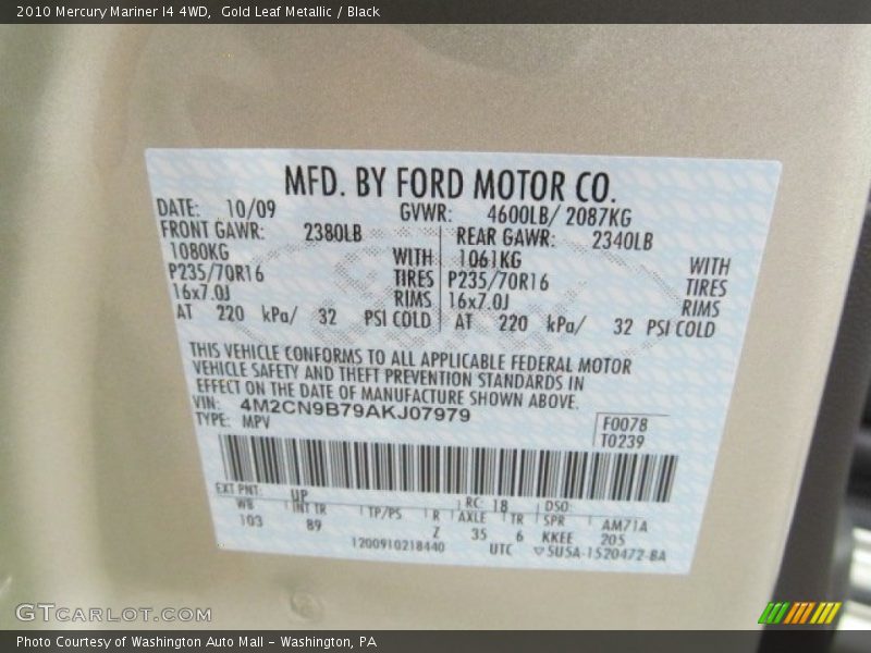 Gold Leaf Metallic / Black 2010 Mercury Mariner I4 4WD