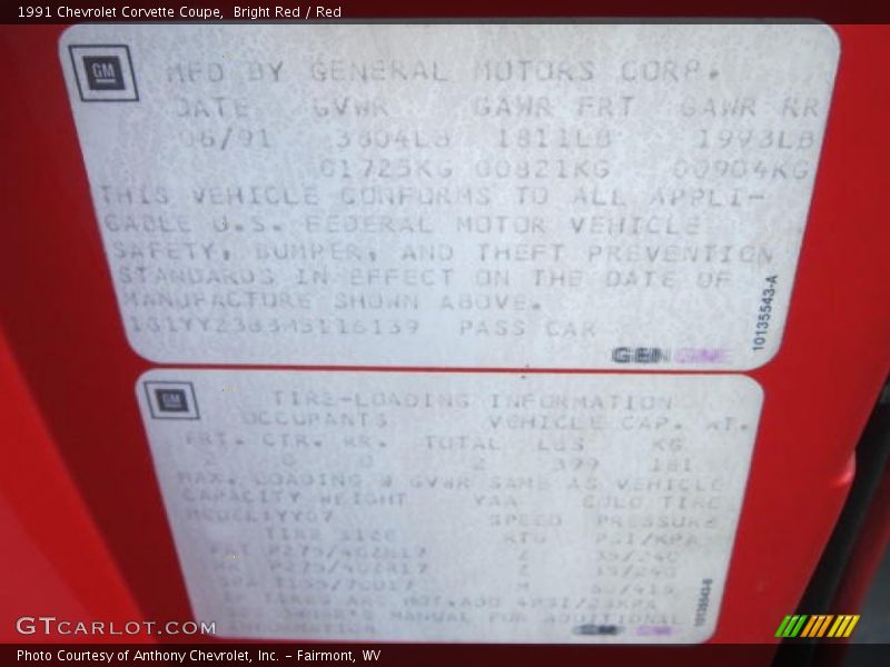 Bright Red / Red 1991 Chevrolet Corvette Coupe