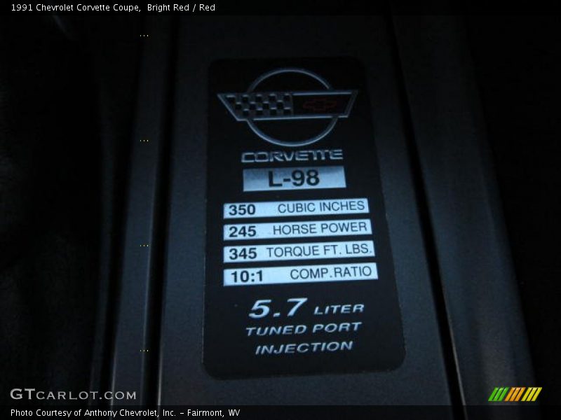 Info Tag of 1991 Corvette Coupe