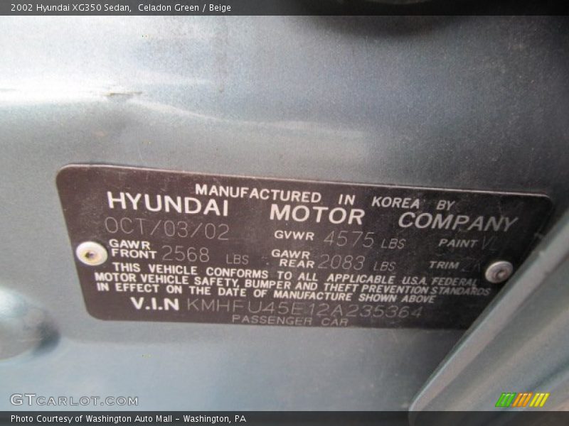 2002 XG350 Sedan Celadon Green Color Code VL