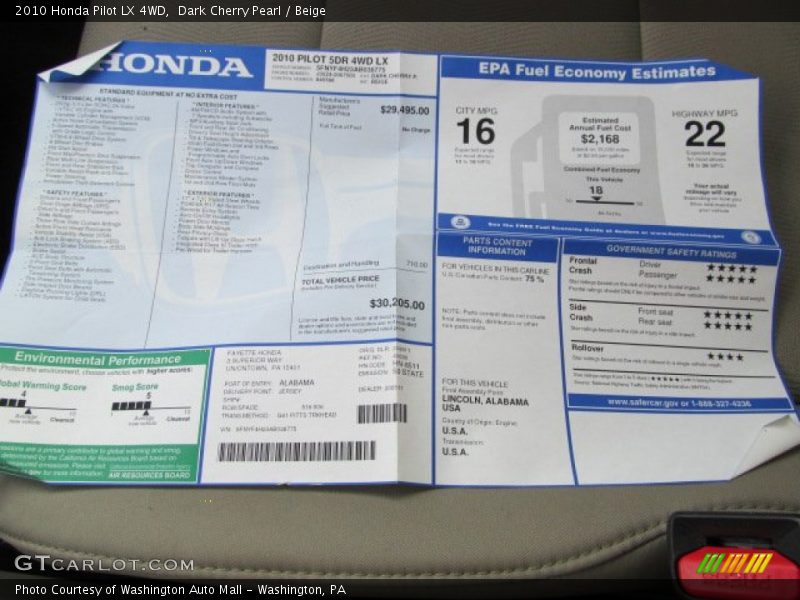 Dark Cherry Pearl / Beige 2010 Honda Pilot LX 4WD