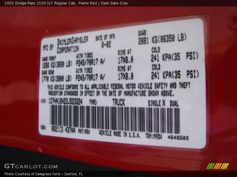 2003 Ram 1500 SLT Regular Cab Flame Red Color Code PR4