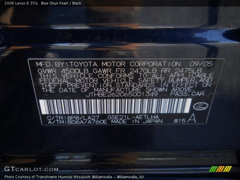2006 IS 350 Blue Onyx Pearl Color Code 8P8