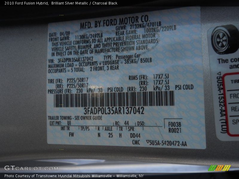 Brilliant Silver Metallic / Charcoal Black 2010 Ford Fusion Hybrid
