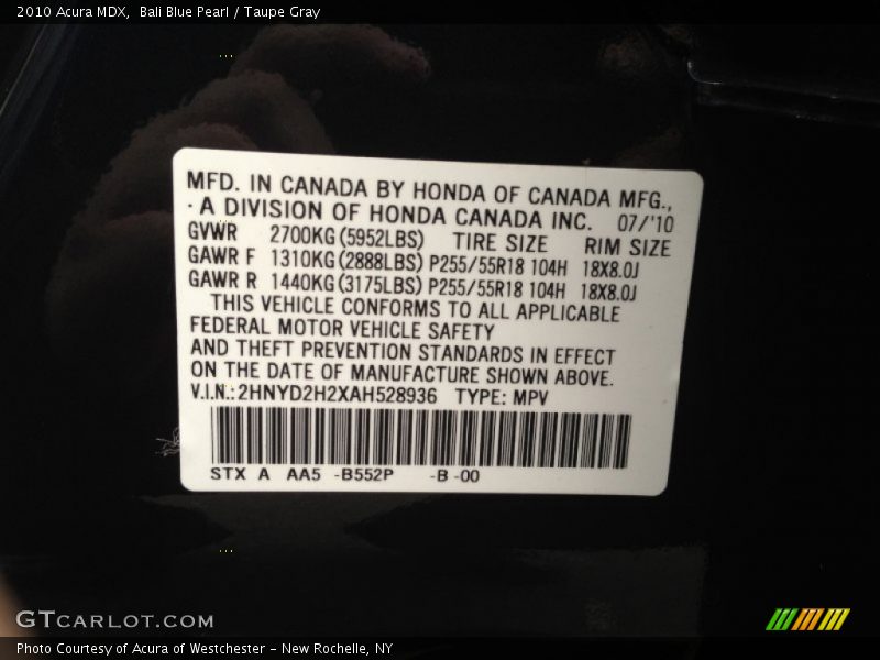 Bali Blue Pearl / Taupe Gray 2010 Acura MDX