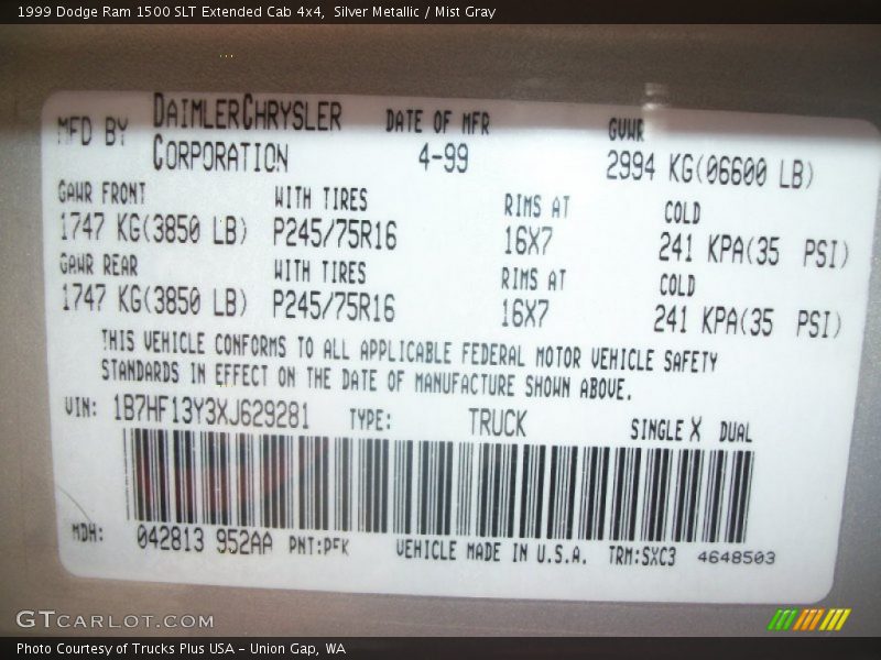 Silver Metallic / Mist Gray 1999 Dodge Ram 1500 SLT Extended Cab 4x4