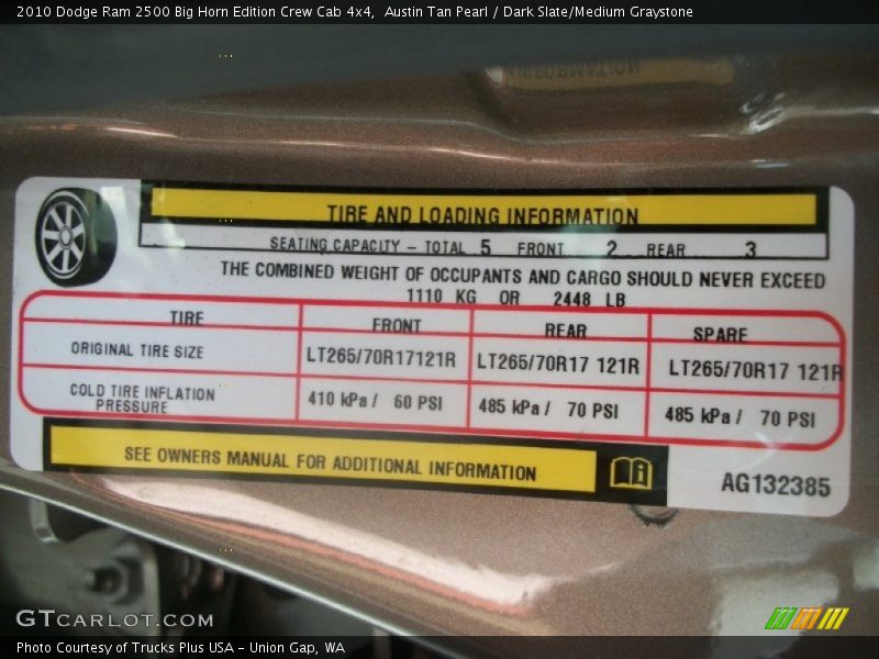 Info Tag of 2010 Ram 2500 Big Horn Edition Crew Cab 4x4