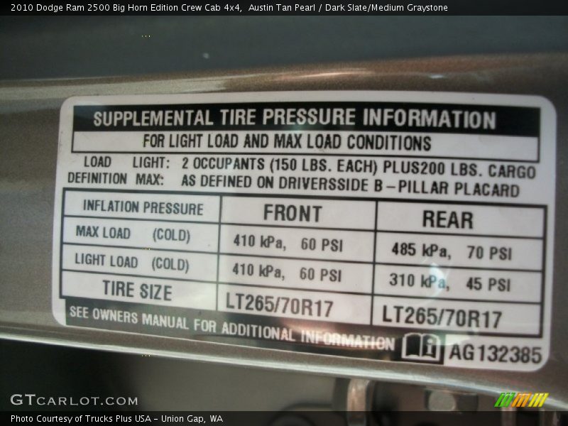 Info Tag of 2010 Ram 2500 Big Horn Edition Crew Cab 4x4