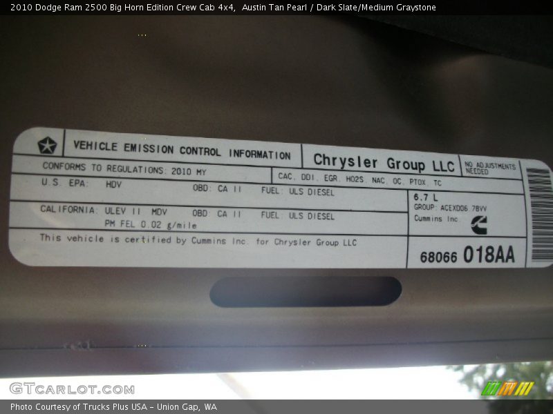 Info Tag of 2010 Ram 2500 Big Horn Edition Crew Cab 4x4