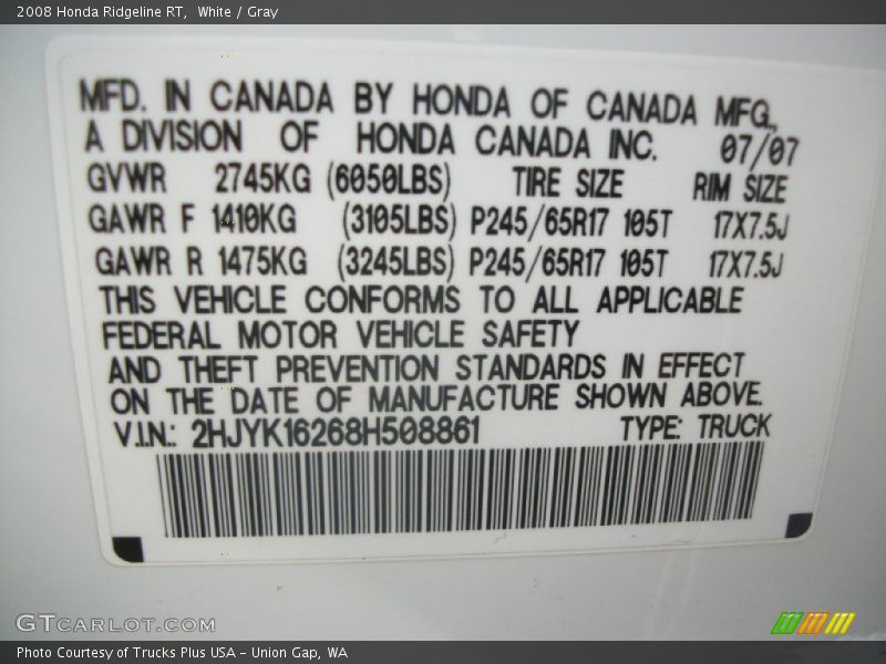 White / Gray 2008 Honda Ridgeline RT