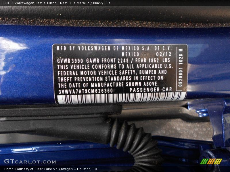 Info Tag of 2012 Beetle Turbo