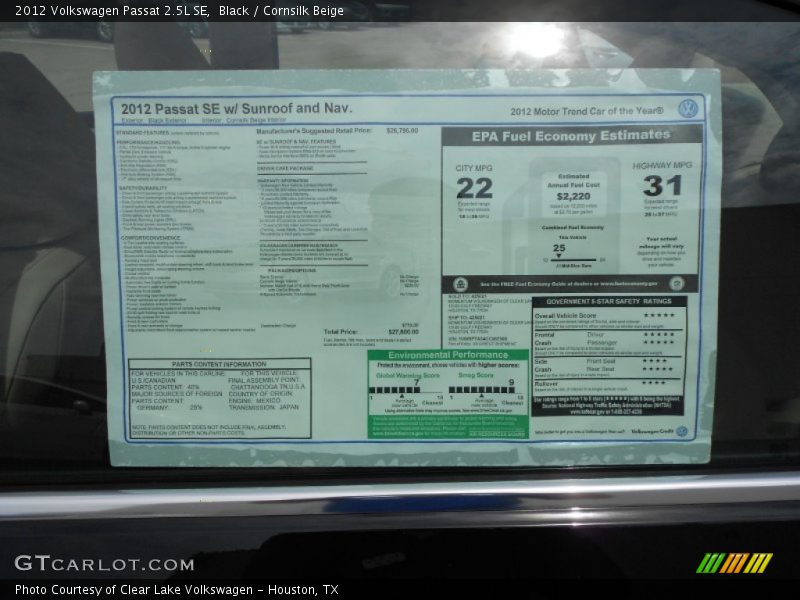 Black / Cornsilk Beige 2012 Volkswagen Passat 2.5L SE