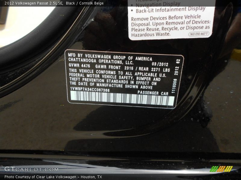 Black / Cornsilk Beige 2012 Volkswagen Passat 2.5L SE