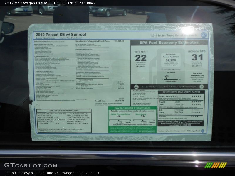 Black / Titan Black 2012 Volkswagen Passat 2.5L SE