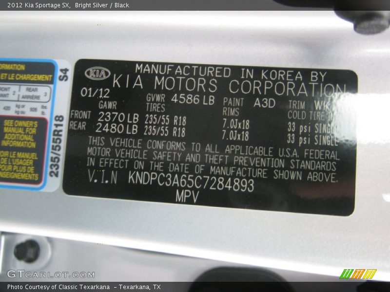 2012 Sportage SX Bright Silver Color Code A3D