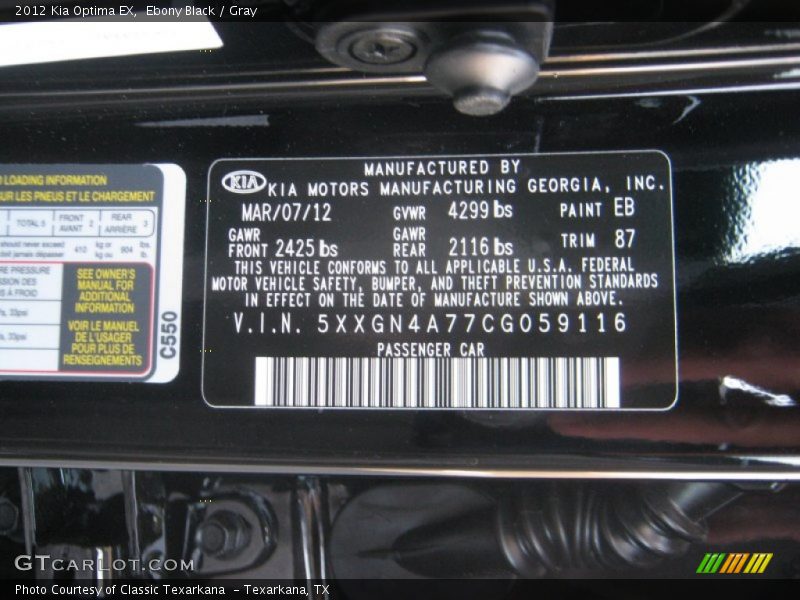 Ebony Black / Gray 2012 Kia Optima EX