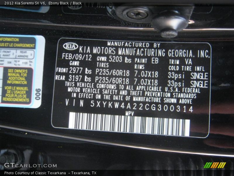 2012 Sorento SX V6 Ebony Black Color Code EB