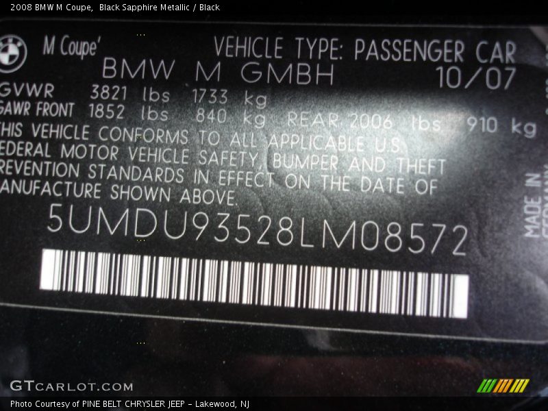 Black Sapphire Metallic / Black 2008 BMW M Coupe
