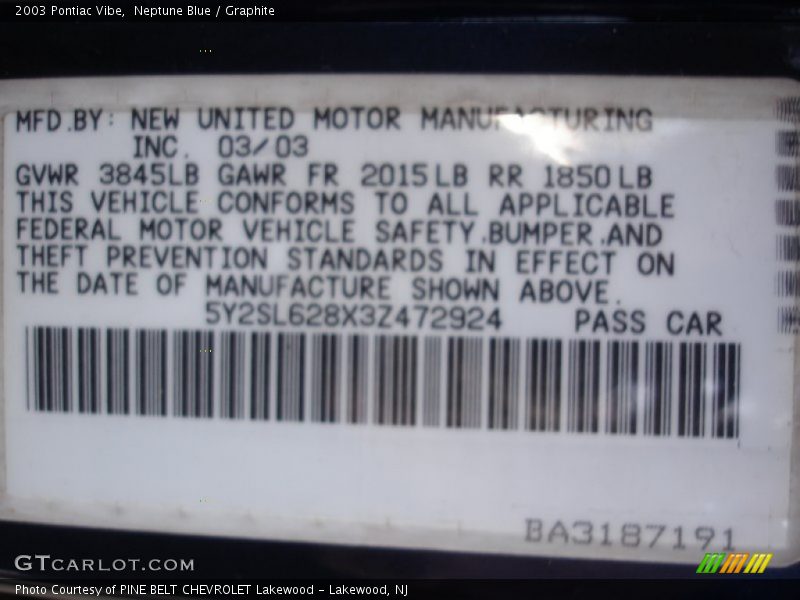 Neptune Blue / Graphite 2003 Pontiac Vibe