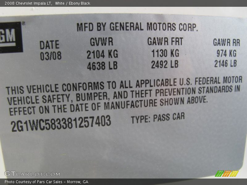 White / Ebony Black 2008 Chevrolet Impala LT