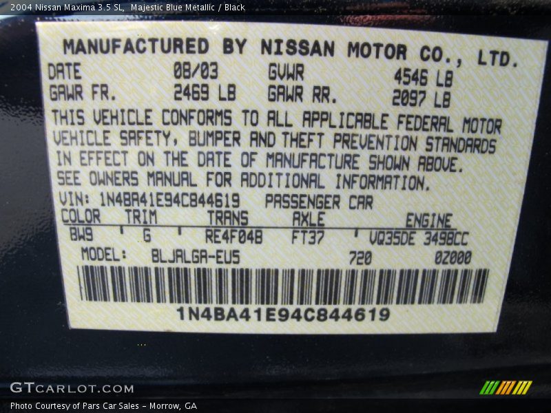 2004 Maxima 3.5 SL Majestic Blue Metallic Color Code BW9