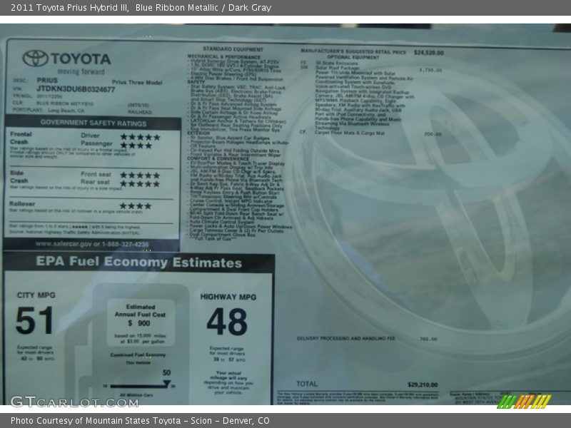 Blue Ribbon Metallic / Dark Gray 2011 Toyota Prius Hybrid III