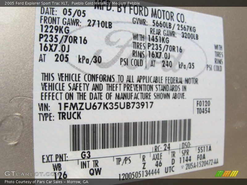 2005 Explorer Sport Trac XLT Pueblo Gold Metallic Color Code G3