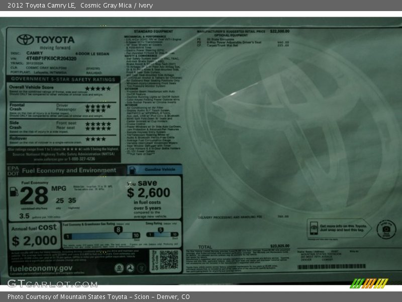 Cosmic Gray Mica / Ivory 2012 Toyota Camry LE