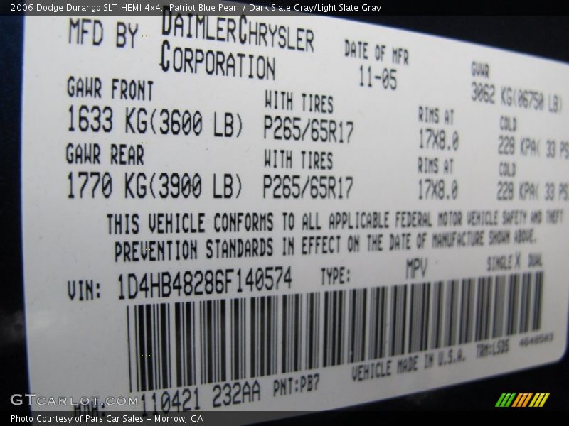 2006 Durango SLT HEMI 4x4 Patriot Blue Pearl Color Code PB7