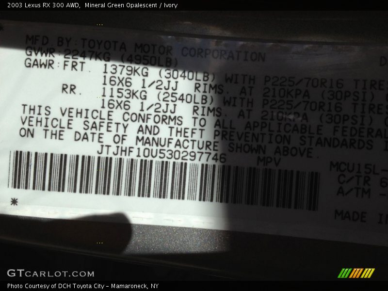 Mineral Green Opalescent / Ivory 2003 Lexus RX 300 AWD