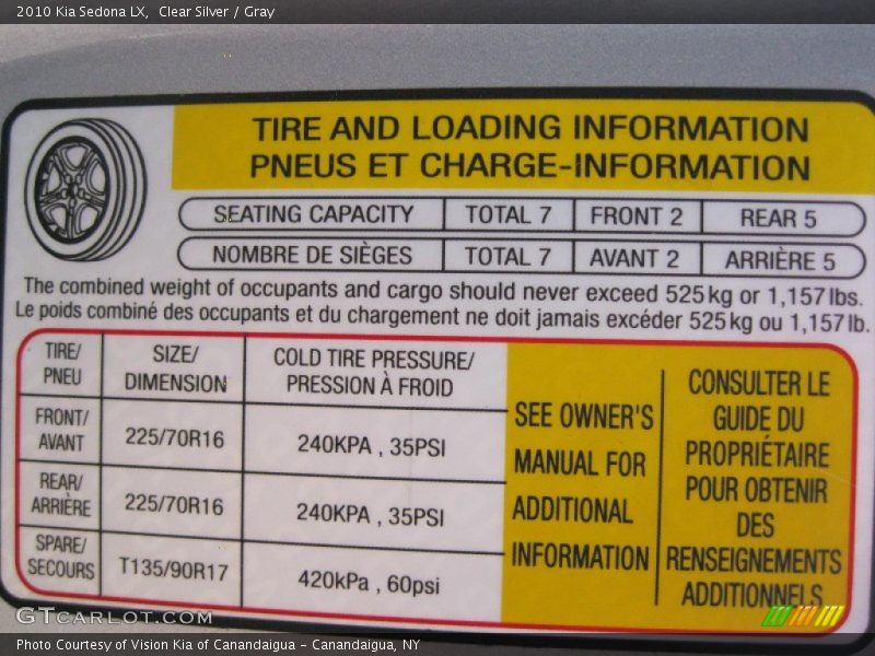 Info Tag of 2010 Sedona LX