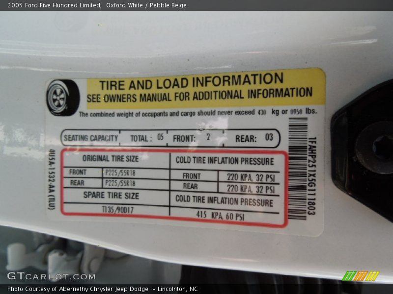 Info Tag of 2005 Five Hundred Limited