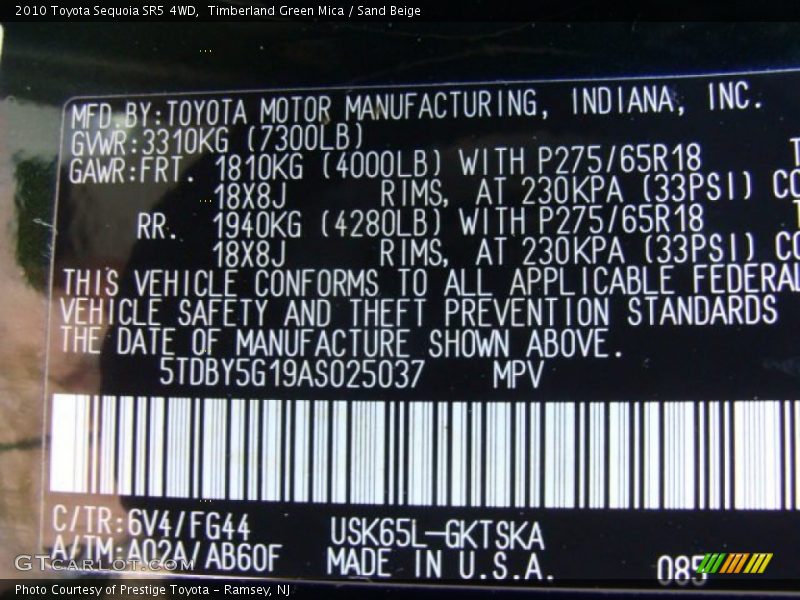 2010 Sequoia SR5 4WD Timberland Green Mica Color Code 6V4