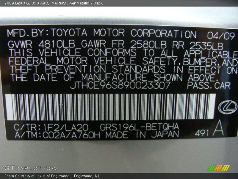 2009 GS 350 AWD Mercury Silver Metallic Color Code 1F2