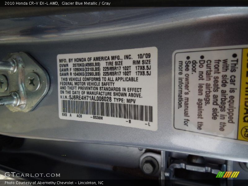 Glacier Blue Metallic / Gray 2010 Honda CR-V EX-L AWD