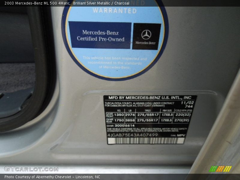 Brilliant Silver Metallic / Charcoal 2003 Mercedes-Benz ML 500 4Matic