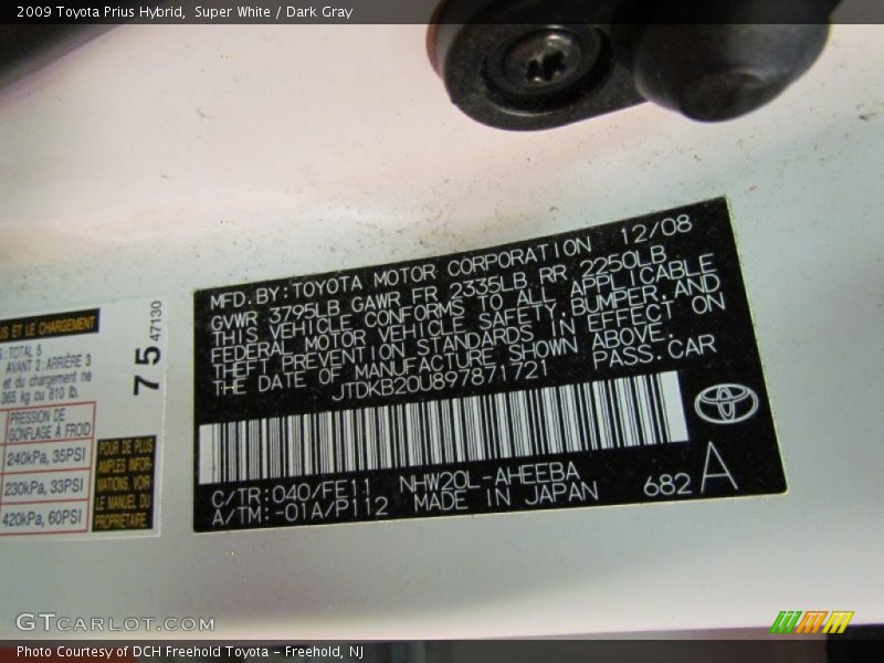 2009 Prius Hybrid Super White Color Code 040