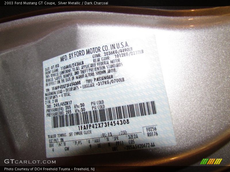 2003 Mustang GT Coupe Silver Metallic Color Code YN