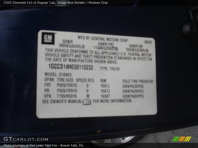 Indigo Blue Metallic / Medium Gray 2003 Chevrolet S10 LS Regular Cab