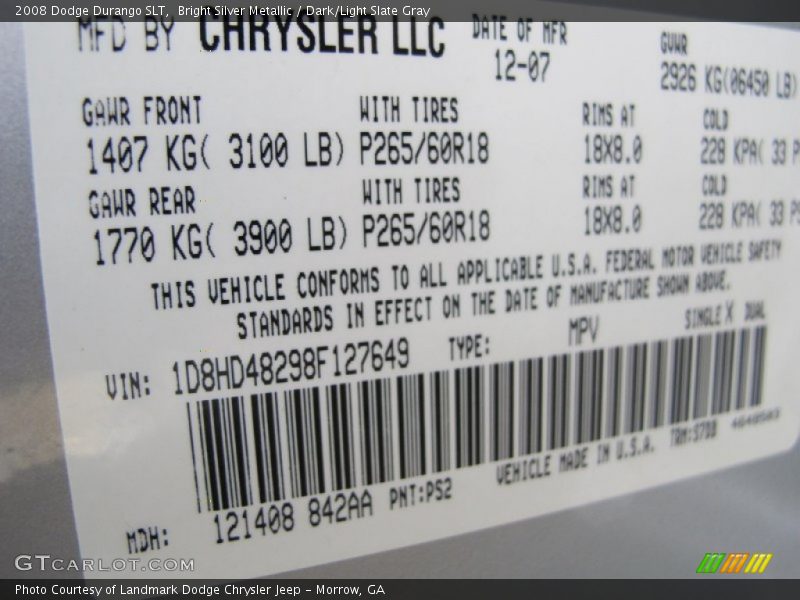 Bright Silver Metallic / Dark/Light Slate Gray 2008 Dodge Durango SLT