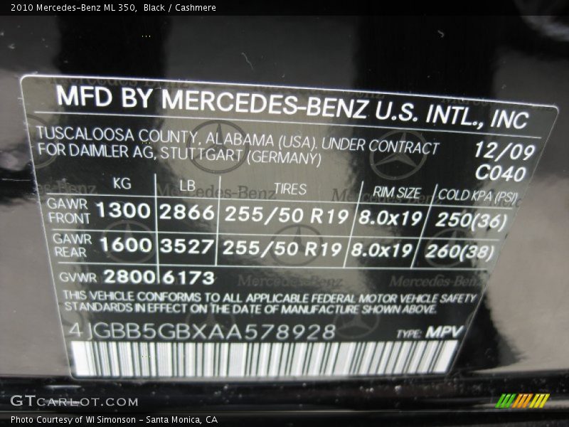 Black / Cashmere 2010 Mercedes-Benz ML 350