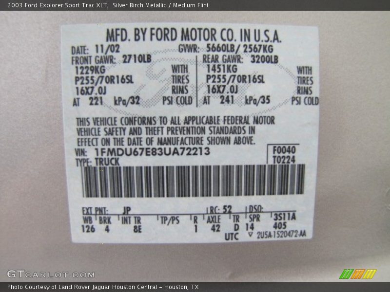 2003 Explorer Sport Trac XLT Silver Birch Metallic Color Code JP