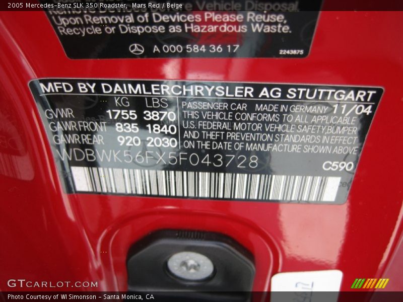 Mars Red / Beige 2005 Mercedes-Benz SLK 350 Roadster