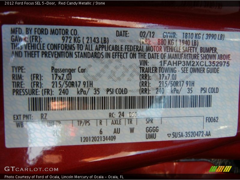 2012 Focus SEL 5-Door Red Candy Metallic Color Code RZ